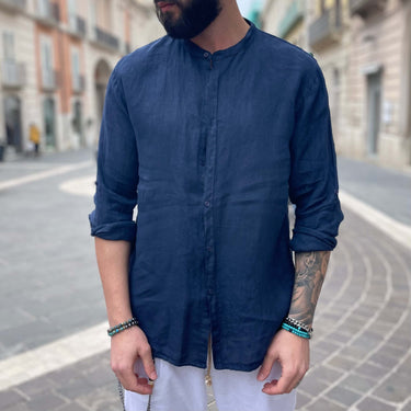 Camicia di lino blu navy collo coreano - FLAG STORE